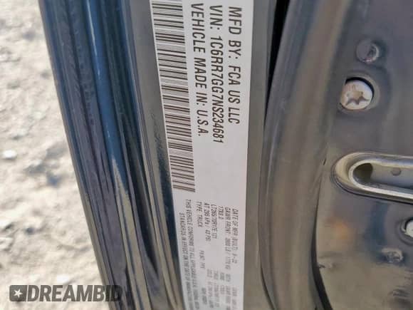 2022 Ram 1500 Warlock с VIN 1C6RR7GG7NS234681, выставлен на аукционе Copart как лот 69136305 с пробегом 41 844 миль миль и Списание • Salvage title. История ставок и продаж доступна на DreamBid. Изображение 12.