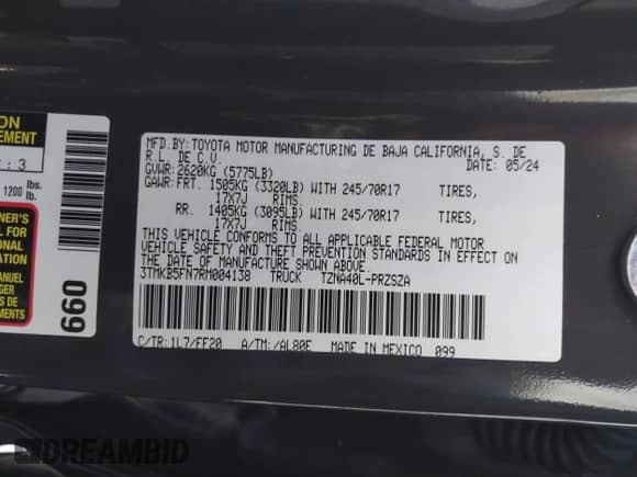 2024 Toyota Tacoma SR5 z VIN 3TMKB5FN7RM004138, wystawiony jako IAAI lot #41428936 z przebiegiem 13 625 mil mil oraz . Historia ofert i sprzedaży dostępna na DreamBid. Obrazek 9.