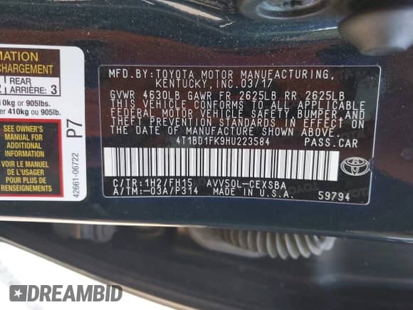 2017 Toyota Camry Hybrid LE z VIN 4T1BD1FK9HU223584, wystawiony jako IAAI lot #43192739 z przebiegiem 188 332 mil mil oraz . Historia ofert i sprzedaży dostępna na DreamBid. Obrazek 9.