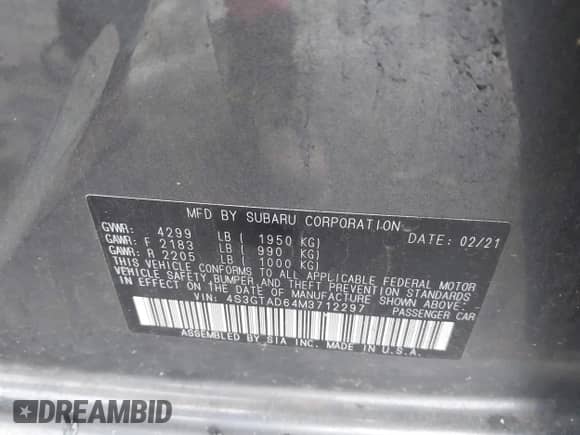 2021 Subaru Impreza Premium with VIN 4S3GTAD64M3712297, listed as a IAAI auction lot 42461079 with 65,492 mi miles and . Bid and sale history available at DreamBid. Image 9.