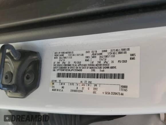 2018 Ford F-150 XL with VIN 1FTEW1E5XJFC55400, listed as a Copart auction lot 71768395 with 121,067 mi miles and Salvage title. Bid and sale history available at DreamBid. Image 12.