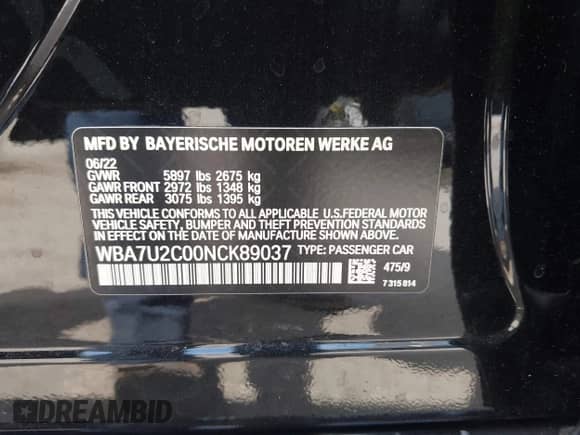 2022 BMW 7 Series 750i xDrive with VIN WBA7U2C00NCK89037, listed as a IAAI auction lot 43061960 with 30,841 mi miles and . Bid and sale history available at DreamBid. Image 9.