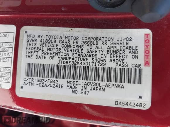 2003 Toyota Camry XLE с VIN JTDBE32K430171722, выставлен на аукционе IAAI как лот 43302926 с пробегом 135 207 миль миль и . История ставок и продаж доступна на DreamBid. Изображение 9.