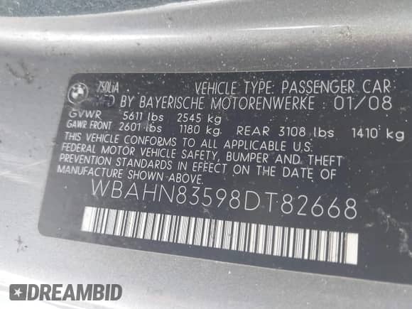 2008 BMW 7 Series 750Li с VIN WBAHN83598DT82668, выставлен на аукционе IAAI как лот 42934505 с пробегом 167 157 миль миль и . История ставок и продаж доступна на DreamBid. Изображение 9.