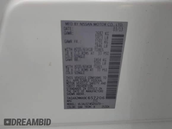 2013 Nissan Pathfinder Platinum with VIN 5N1AR2MNXDC657206, listed as a IAAI auction lot 41684135 with 135,501 mi miles and . Bid and sale history available at DreamBid. Image 9.