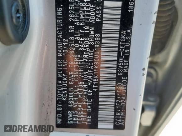 2012 Toyota Camry XLE с VIN 4T1BK1FK8CU018398, выставлен на аукционе Copart как лот 81991675 с пробегом 210 231 миль миль и Списание • Salvage title. История ставок и продаж доступна на DreamBid. Изображение 12.