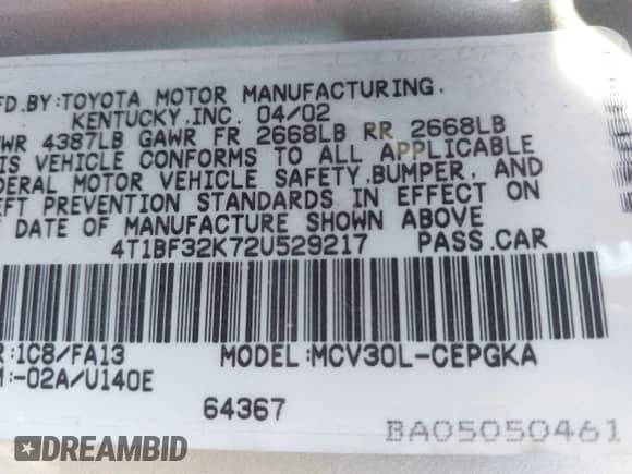 2002 Toyota Camry XLE с VIN 4T1BF32K72U529217, выставлен на аукционе IAAI как лот 43453820 с пробегом 258 156 миль миль и . История ставок и продаж доступна на DreamBid. Изображение 9.
