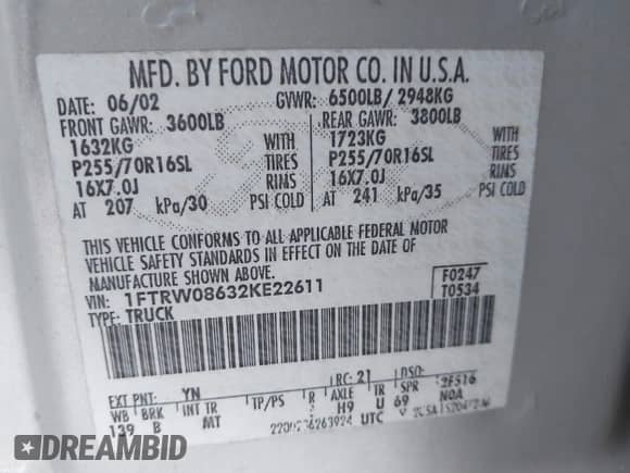 2002 Ford F-150 XLT with VIN 1FTRW08632KE22611, listed as a IAAI auction lot 41519768 with 200,420 mi miles and . Bid and sale history available at DreamBid. Image 9.