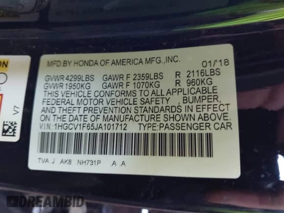 2018 Honda Accord EX-L с VIN 1HGCV1F65JA101712, выставлен на аукционе IAAI как лот 43263852 с пробегом 71 113 миль миль и . История ставок и продаж доступна на DreamBid. Изображение 9.