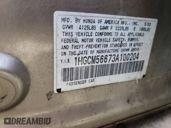 2003 Honda Accord EX with VIN 1HGCM56673A100204, listed as a Copart auction lot 81894725 with Not provided miles and Salvage title. Bid and sale history available at DreamBid. Image 12.