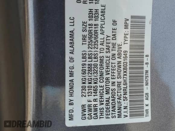 2019 Honda Odyssey EX-L with VIN 5FNRL6H7XKB031649, listed as a Copart auction lot 67811445 with 99,259 mi miles and Salvage title. Bid and sale history available at DreamBid. Image 13.