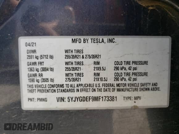 2021 Tesla Model Y Performance with VIN 5YJYGDEF9MF173381, listed as a Copart auction lot 61470344 with Not provided miles and Salvage title. Bid and sale history available at DreamBid. Image 13.
