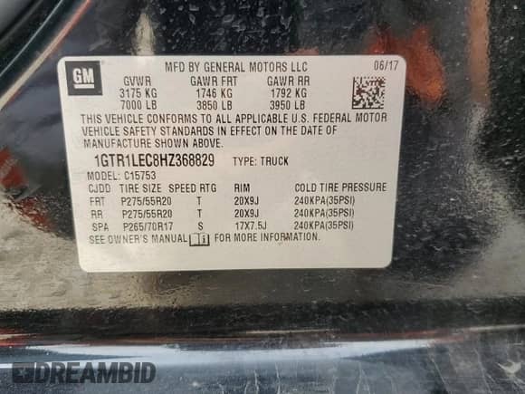 2017 GMC Sierra 1500 z VIN 1GTR1LEC8HZ368829, wystawiony jako Copart lot #54888295 z przebiegiem 113 328 mil mil oraz Szkoda całkowita • Salvage title. Historia ofert i sprzedaży dostępna na DreamBid. Obrazek 12.