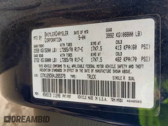 2004 Dodge 2500 SLT with VIN 1D7KU28D64J265379, listed as a IAAI auction lot 43445031 with 240,118 mi miles and . Bid and sale history available at DreamBid. Image 9.