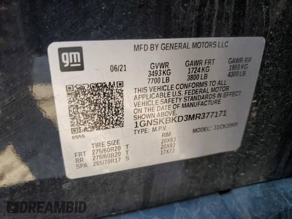 2021 Chevrolet Suburban LS z VIN 1GNSKBKD3MR377171, wystawiony jako Copart lot #63938385 z przebiegiem 53 110 mil mil oraz Szkoda całkowita • Salvage title. Historia ofert i sprzedaży dostępna na DreamBid. Obrazek 14.