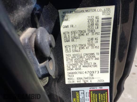 2012 Nissan Frontier S with VIN 1N6BD0CT6CC470973, listed as a IAAI auction lot 42835664 with 206,268 mi miles and . Bid and sale history available at DreamBid. Image 9.