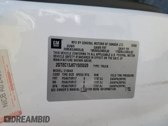 2007 GMC Sierra 1500 SLT with VIN 2GTEC13J671505028, listed as a Copart auction lot 64141265 with 172,221 mi miles and Salvage title. Bid and sale history available at DreamBid. Image 12.