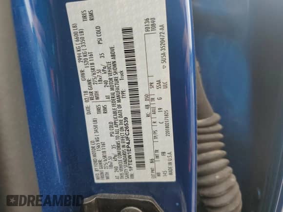 2018 Ford F-150 XL with VIN 1FTEW1EP4JFC26539, listed as a Copart auction lot 72066205 with 98,607 mi miles and Salvage title. Bid and sale history available at DreamBid. Image 12.