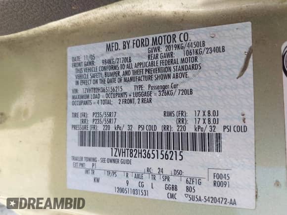 2006 Ford Mustang GT Deluxe с VIN 1ZVHT82H365156215, выставлен на аукционе IAAI как лот 43117357 с пробегом 227 291 миль миль и . История ставок и продаж доступна на DreamBid. Изображение 9.