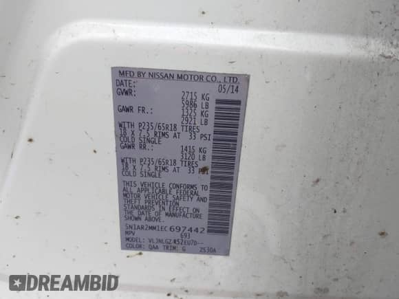 2014 Nissan Pathfinder SV with VIN 5N1AR2MM1EC697442, listed as a IAAI auction lot 42622237 with 196,566 mi miles and . Bid and sale history available at DreamBid. Image 9.