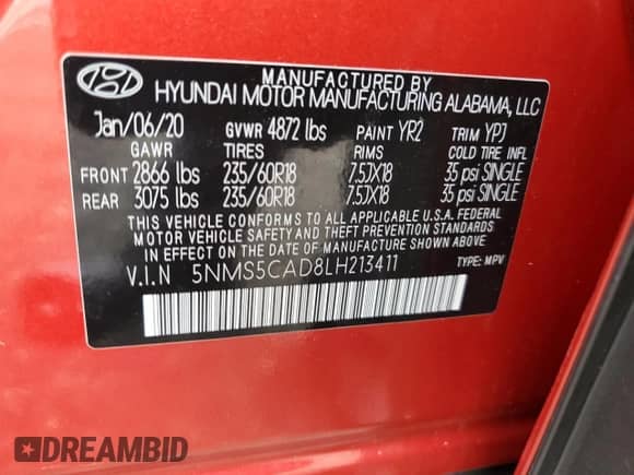 2020 Hyundai Santa Fe Limited with VIN 5NMS5CAD8LH213411, listed as a Copart auction lot 68187005 with 14,121 mi miles and Salvage title. Bid and sale history available at DreamBid. Image 14.