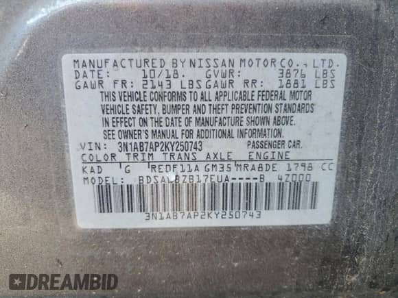 2019 Nissan Sentra S с VIN 3N1AB7AP2KY250743, выставлен на аукционе Copart как лот 84395875 с пробегом 100 836 миль миль и Списание • Salvage title. История ставок и продаж доступна на DreamBid. Изображение 12.