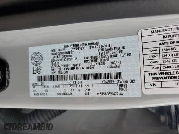 2023 Ford F-150 XL с VIN 1FTEW1EP7PFA79934, выставлен на аукционе Copart как лот 60852635 с пробегом 11 642 миль миль и Списание • Salvage title. История ставок и продаж доступна на DreamBid. Изображение 12.