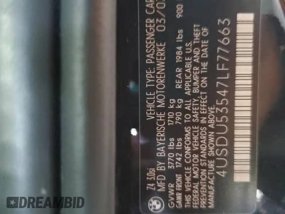 2007 BMW Z4 with VIN 4USDU53547LF77663, listed as a Copart auction lot 87114505 with Not provided miles and Clean title. Bid and sale history available at DreamBid. Image 12.