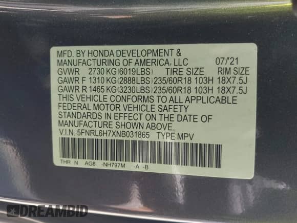 2022 Honda Odyssey EX-L с VIN 5FNRL6H7XNB031865, выставлен на аукционе IAAI как лот 42861390 с пробегом 63 225 миль миль и . История ставок и продаж доступна на DreamBid. Изображение 9.