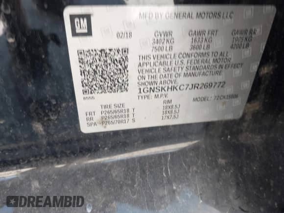 2018 Chevrolet Suburban LT с VIN 1GNSKHKC7JR269772, выставлен на аукционе IAAI как лот 42946820 с пробегом 216 359 миль миль и . История ставок и продаж доступна на DreamBid. Изображение 9.