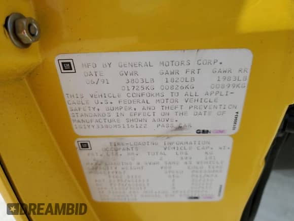 1991 Chevrolet Corvette with VIN 1G1YY3380M5116122, listed as a Copart auction lot 75297814 with Not provided miles and Non repairable. Bid and sale history available at DreamBid. Image 13.