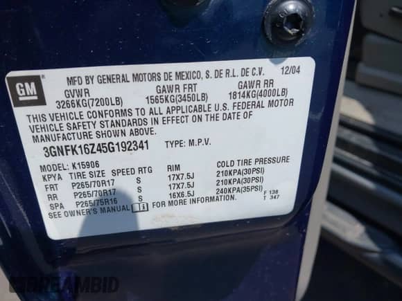 2005 Chevrolet Suburban Z71 z VIN 3GNFK16Z45G192341, wystawiony jako IAAI lot #42861148 z przebiegiem 202 804 mil mil oraz . Historia ofert i sprzedaży dostępna na DreamBid. Obrazek 9.