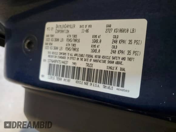 2007 Dodge Dakota SLT with VIN 1D7HW48PX7S144637, listed as a Copart auction lot 66597435 with 151,375 mi miles and Salvage title. Bid and sale history available at DreamBid. Image 12.