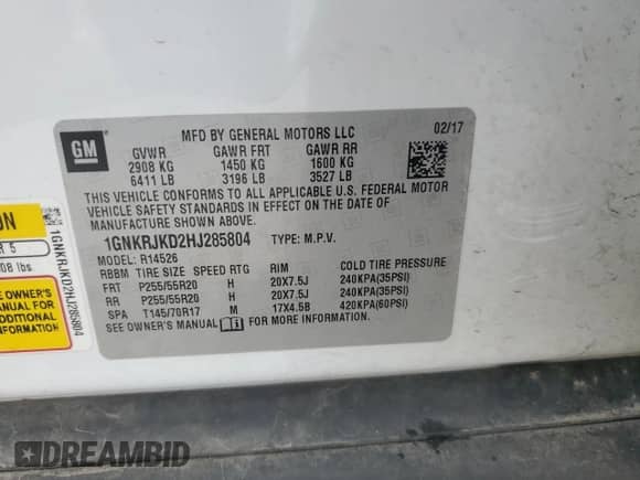 2017 Chevrolet Traverse Premier с VIN 1GNKRJKD2HJ285804, выставлен на аукционе Copart как лот 59549855 с пробегом Не указан миль и Чистый • Clean title. История ставок и продаж доступна на DreamBid. Изображение 13.