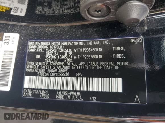 2023 Toyota Sienna Platinum с VIN 5TDESKFC0PS088536, выставлен на аукционе Copart как лот 64308515 с пробегом Не указан миль и Списание • Salvage title. История ставок и продаж доступна на DreamBid. Изображение 14.