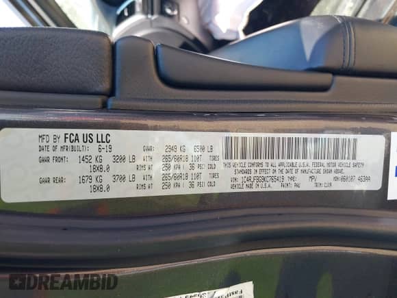 2019 Jeep Grand Cherokee Limited X with VIN 1C4RJFBG9KC765419, listed as a IAAI auction lot 43133400 with 145,226 mi miles and . Bid and sale history available at DreamBid. Image 9.