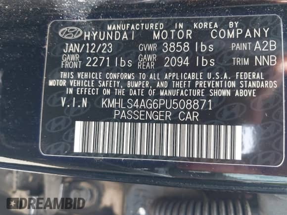 2023 Hyundai Elantra SEL with VIN KMHLS4AG6PU508871, listed as a IAAI auction lot 43050923 with 39,494 mi miles and . Bid and sale history available at DreamBid. Image 9.