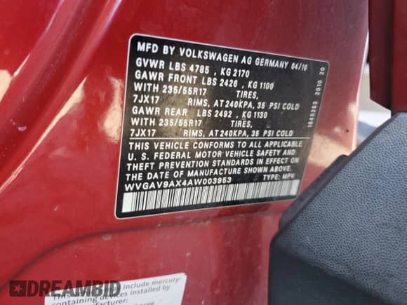 2010 Volkswagen Tiguan с VIN WVGAV9AX4AW003953, выставлен на аукционе Copart как лот 48369585 с пробегом 108 467 миль миль и Списание • Salvage title. История ставок и продаж доступна на DreamBid. Изображение 13.