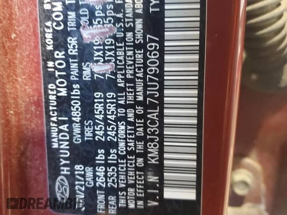 2018 Hyundai Tucson Sport with VIN KM8J3CAL7JU790697, listed as a Copart auction lot 69658715 with Not provided miles and Salvage title. Bid and sale history available at DreamBid. Image 13.