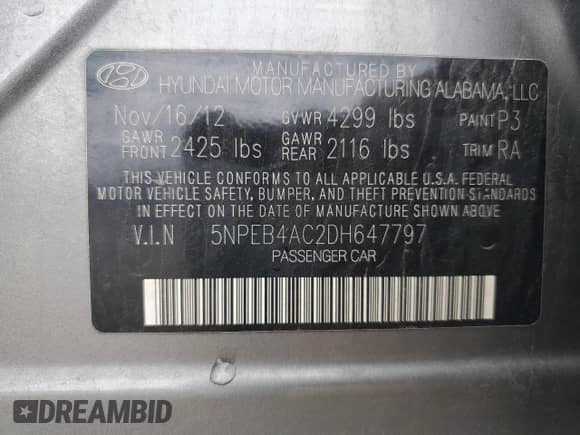 2013 Hyundai Sonata GLS with VIN 5NPEB4AC2DH647797, listed as a Copart auction lot 69464945 with 137,268 mi miles and Salvage title. Bid and sale history available at DreamBid. Image 12.