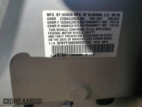 2009 Honda Pilot Touring with VIN 5FNYF38809B002505, listed as a Copart auction lot 61857065 with Not provided miles and Salvage title. Bid and sale history available at DreamBid. Image 13.