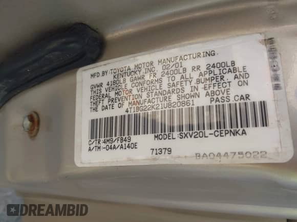 2001 Toyota Camry CE z VIN 4T1BG22K21U820861, wystawiony jako IAAI lot #43184442 z przebiegiem 182 918 mil mil oraz . Historia ofert i sprzedaży dostępna na DreamBid. Obrazek 8.