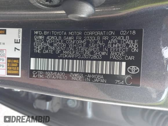 2018 Toyota Prius Plus z VIN JTDKARFP2J3072803, wystawiony jako IAAI lot #42443376 z przebiegiem 120 009 mil mil oraz . Historia ofert i sprzedaży dostępna na DreamBid. Obrazek 9.