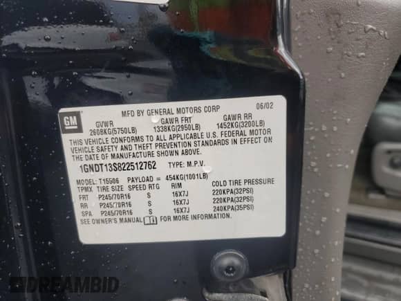 2002 Chevrolet TrailBlazer LT с VIN 1GNDT13S822512762, выставлен на аукционе Copart как лот 83960365 с пробегом 225 232 миль миль и Списание • Salvage title. История ставок и продаж доступна на DreamBid. Изображение 13.
