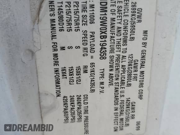 1999 Chevrolet Astro с VIN 1GNDM19W0XB194358, выставлен на аукционе Copart как лот 59921425 с пробегом 185 361 миль миль и Списание • Salvage title. История ставок и продаж доступна на DreamBid. Изображение 13.
