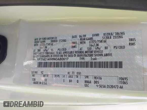 2009 Ford Econoline Cargo Commercial с VIN 1FTNE14W89DA80617, выставлен на аукционе IAAI как лот 42082273 с пробегом 70 347 миль миль и . История ставок и продаж доступна на DreamBid. Изображение 9.