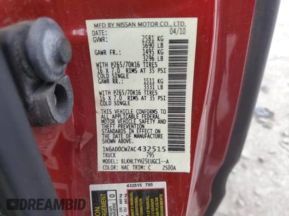 2010 Nissan Frontier SE with VIN 1N6AD0CW2AC432515, listed as a Copart auction lot 57451095 with 138,446 mi miles and Salvage title. Bid and sale history available at DreamBid. Image 12.