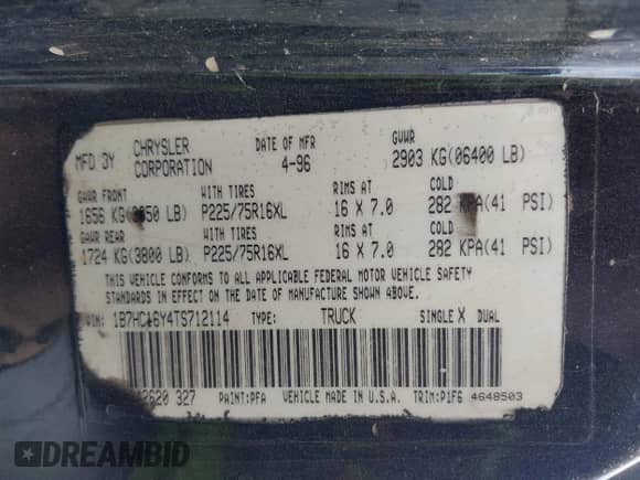 1996 Dodge 1500 с VIN 1B7HC16Y4TS712114, выставлен на аукционе IAAI как лот 42631054 с пробегом 239 178 миль миль и . История ставок и продаж доступна на DreamBid. Изображение 9.