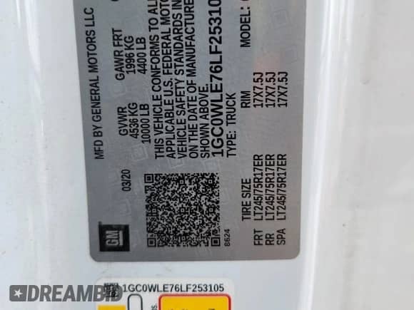 2020 Chevrolet Silverado 2500HD Work Truck с VIN 1GC0WLE76LF253105, выставлен на аукционе Copart как лот 81714465 с пробегом 91 778 миль миль и Списание • Salvage title. История ставок и продаж доступна на DreamBid. Изображение 12.