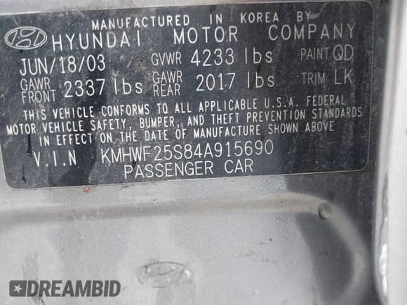2004 Hyundai Sonata z VIN KMHWF25S84A915690, wystawiony jako IAAI lot #42284379 z przebiegiem 219 272 mil mil oraz . Historia ofert i sprzedaży dostępna na DreamBid. Obrazek 9.